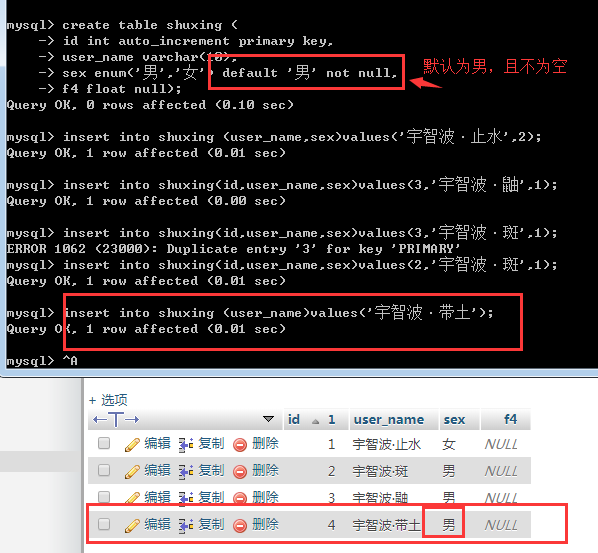 cmd测试数据表字段属性